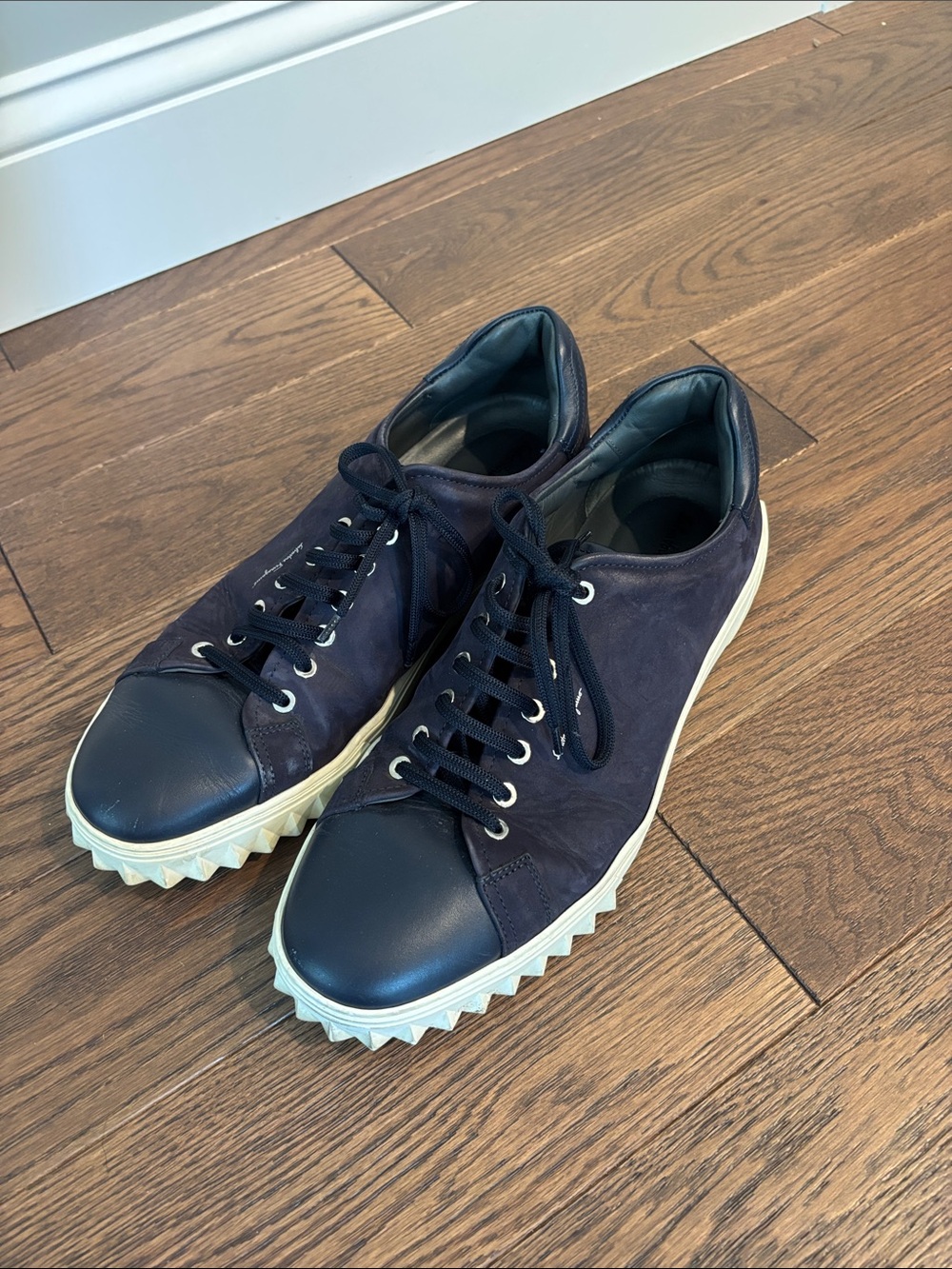Salvatore Ferragamo "Cube" Navy Blue Suede & Leather Low-Top Sneakers
